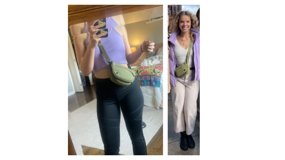 Maggie wearing the green lululemon everywhere belt bag